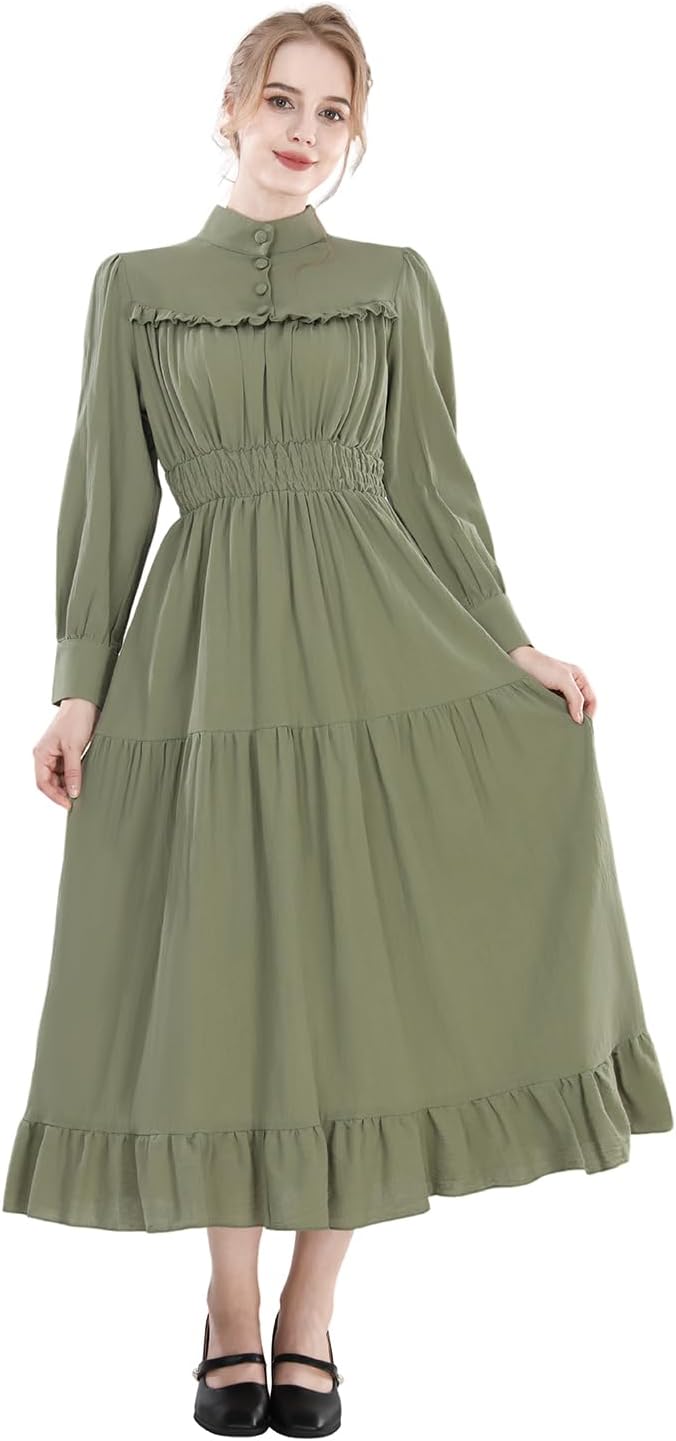 CR ROLECOS Mittelalter Kleidung Damen Viktorianisches Kleid Langarm A-Linie Vintage Edwardianisches