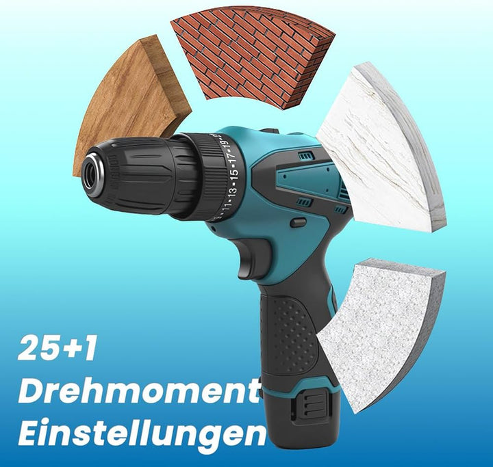 12V Akku Bohrschrauber, 25+1 Drehmomenteinstellung, mit 26tlg Zubehör, 2x 3.0Ah Akku und Ladegerät,