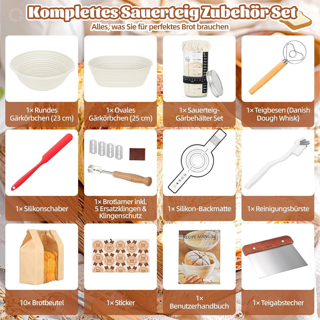 Gärkörbchen Für Sauerteig Starter Set, 23-teilig Gärkorb Brot Set, 25cm & 23cm Rattan Brotbackset, B