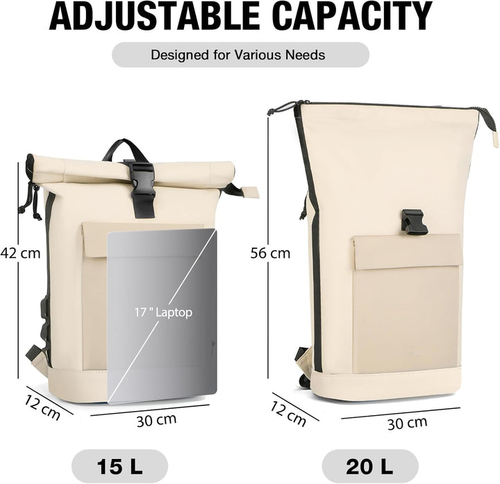 Rolltop Rucksack Damen & Herren, Elegant Laptop Rucksack Wasserdicht mit 17 Zoll Laptopfach, Grosser