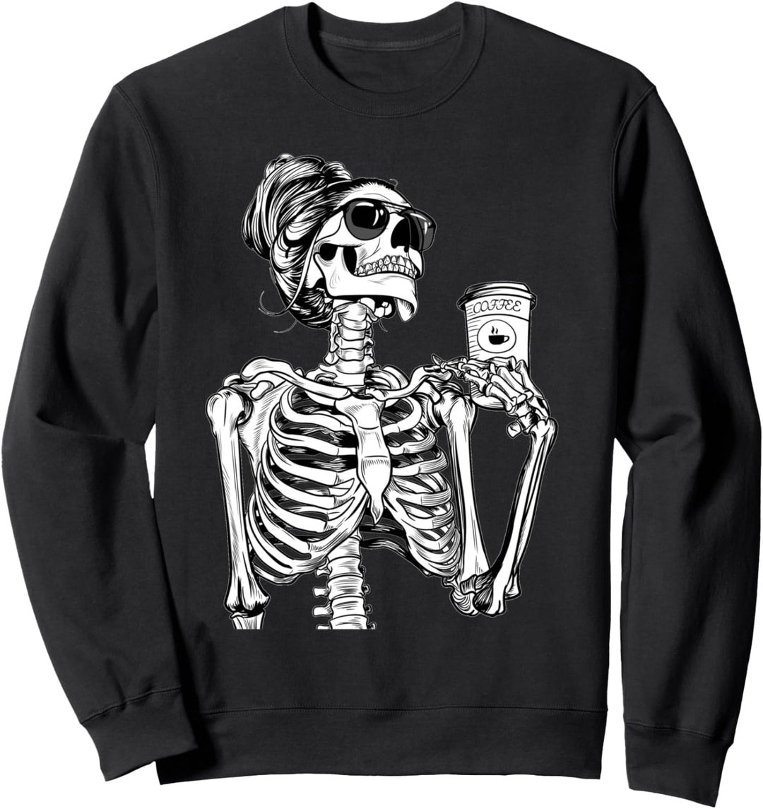 Kaffee trinkender Skelett Schädel Halloween Kostüm Frauen Sweatshirt