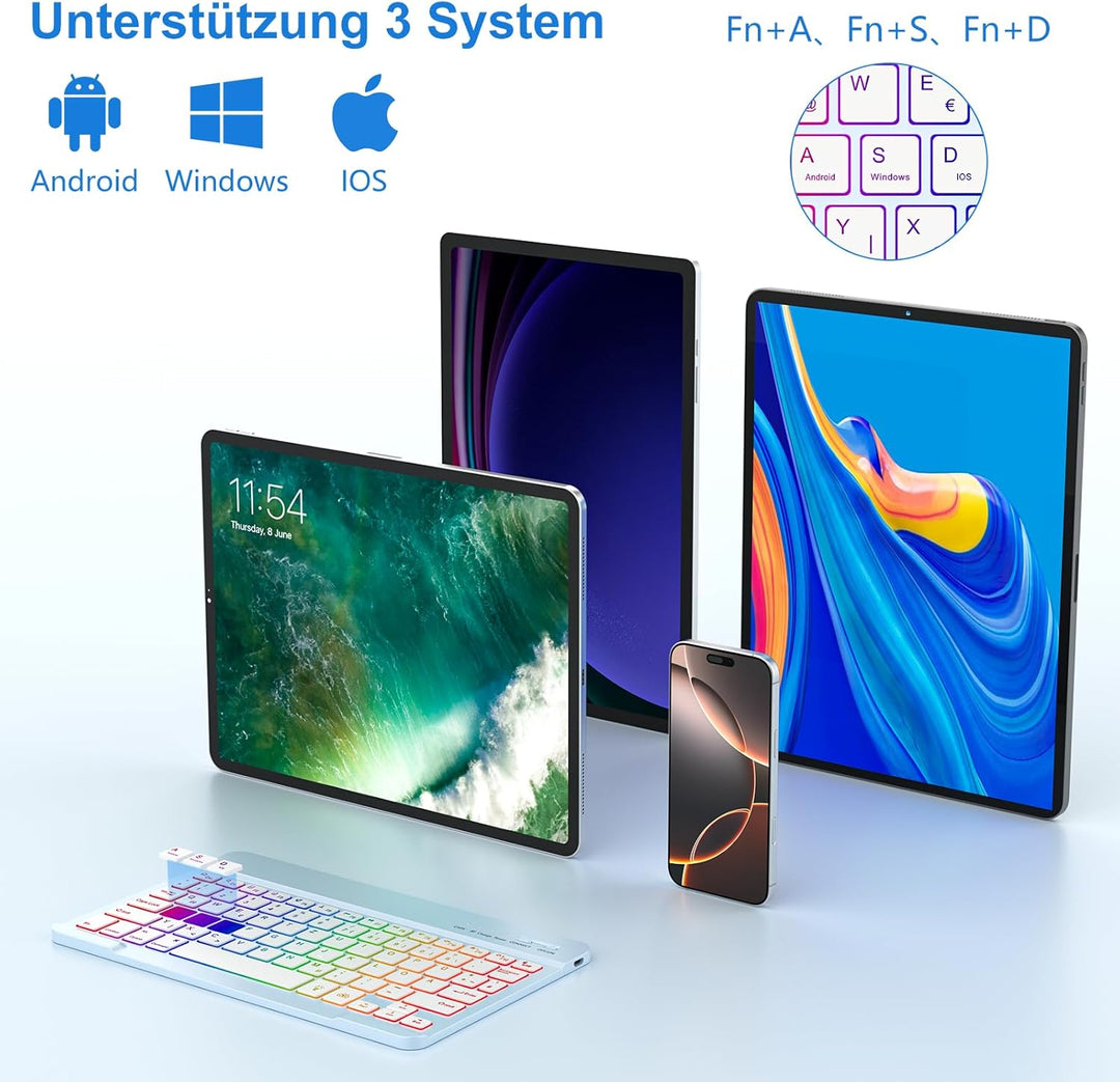 MMK Bluetooth-Tastatur, Deutsches QWERTZ-Layout mit 7-Farbiger Hintergrundbeleuchtung, Mini Wireless
