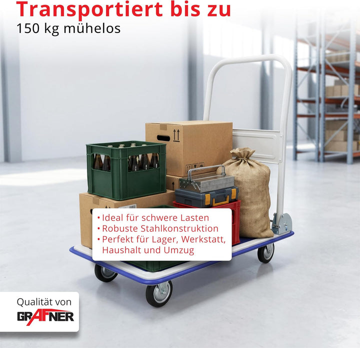 Grafner Industrie Plattformwagen mit pannensicheren Reifen, klappbar, 150 kg Tragkraft, Antirutsch-B
