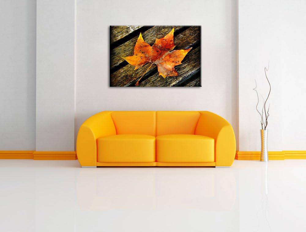 Pixxprint kleines Herbstblatt auf Holz auf Leinwand, XXL riesige Bilder fertig gerahmt mit Keilrahme