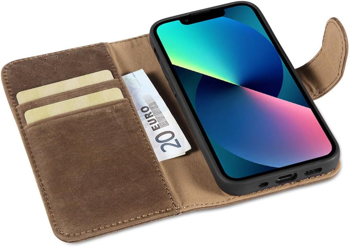 LENSUN Echtleder Hülle für iPhone 13 Mini, Handyhülle [Echtes Leder][Stand-Funktion][RFID Schutz] Ha