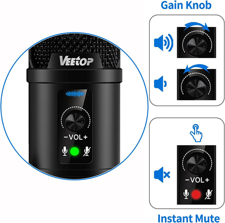 Veetop USB Mikrofon PC Microphone mit hochqualitativer 192 kHz 24 Bit Abtastrate Standmikrofon Konde