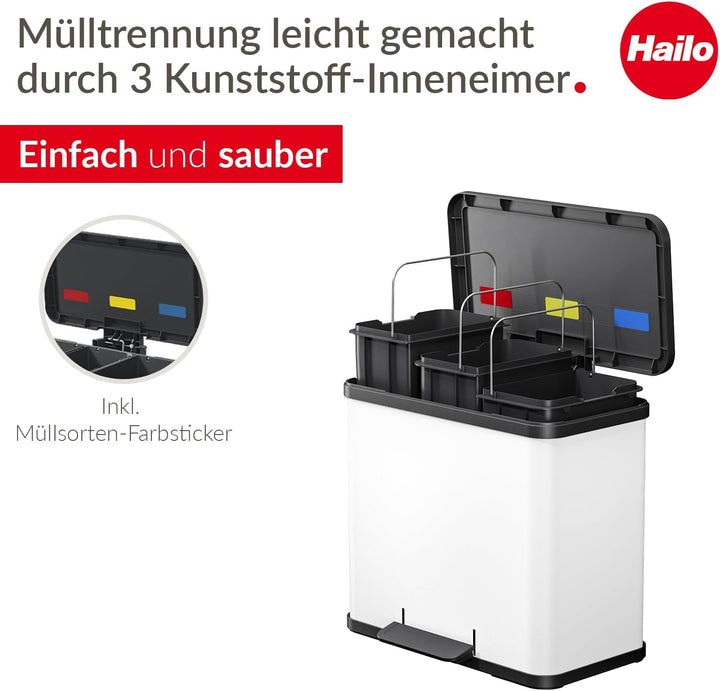 Hailo Öko trio Plus L Tret-Mülltrenner - freistehender 3 x 9 Liter Dreifachmülleimer aus Stahlblech