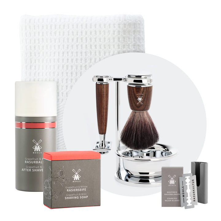 MÜHLE Rytmo Rasierset 8 tlg. - Pinsel, Hobel und Ständer verchromter Fuss, Klinge, Seife, Tuch, Afte