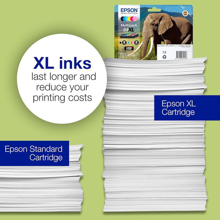 Epson 24XL Black Elephant High Yield Genuine, Claria Photo HD Ink Cartridge, XL High Capacity (Packu