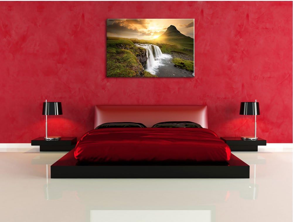 Pixxprint Wasserfall bei Sonnenuntergang als Leinwandbild/Grösse: 100x70 cm/Wandbild/Kunstdruck/fert