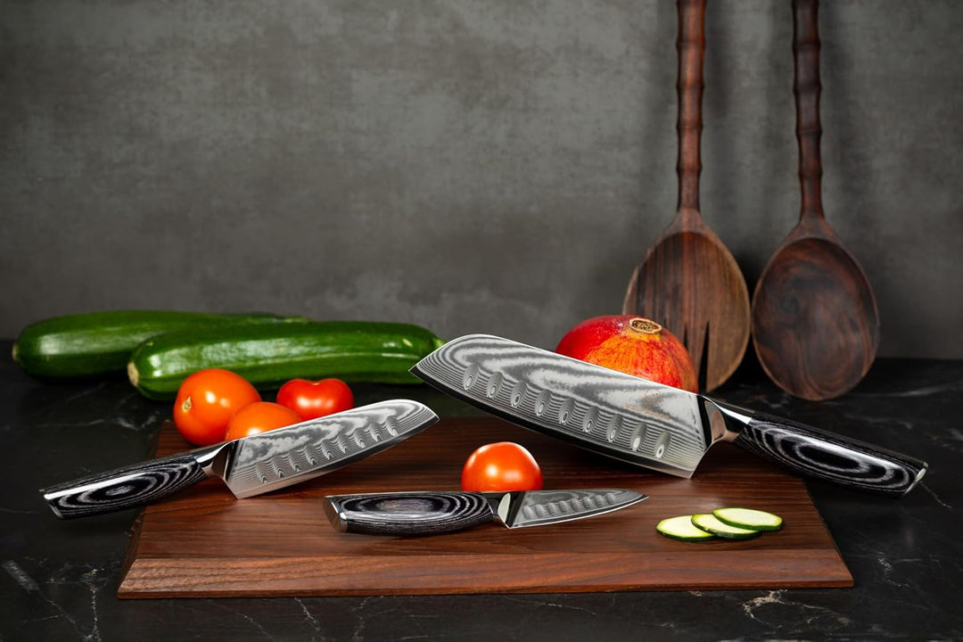 Wolfblood PRO 3er Santoku Damastmesser Set XL (31, 23 und 19cm) TÜV geprüfter 62 HRC Damaststahl aus