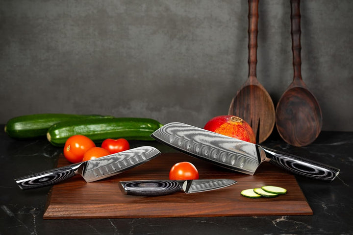 Wolfblood PRO 3er Santoku Damastmesser Set XL (31, 23 und 19cm) TÜV geprüfter 62 HRC Damaststahl aus