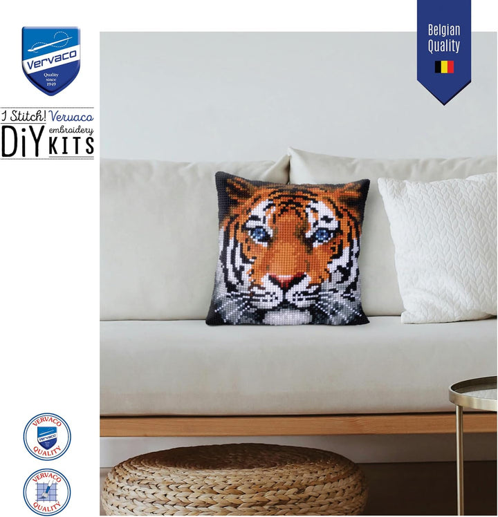 Vervaco Kreuzstichkissen Tiger Kreuzstichpackung, Stramin, Weiss, 40 x 40 x 0,30 cm