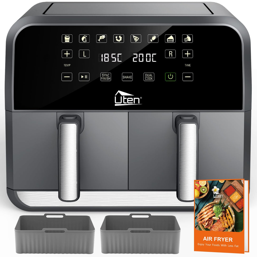 Uten Doppel Heissluftfritteuse, 8L Heissluftfritteuse Dual Zone, XXL Airfryer mit 2 Kammern, Silikon