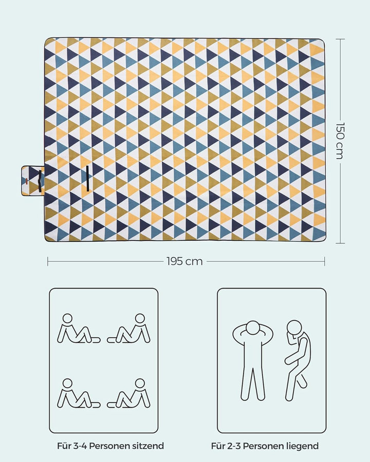 SONGMICS Picknickdecke, 200 x 150 cm, gross, Campingdecke, für Park, Garten, Strand, wasserdicht, fa