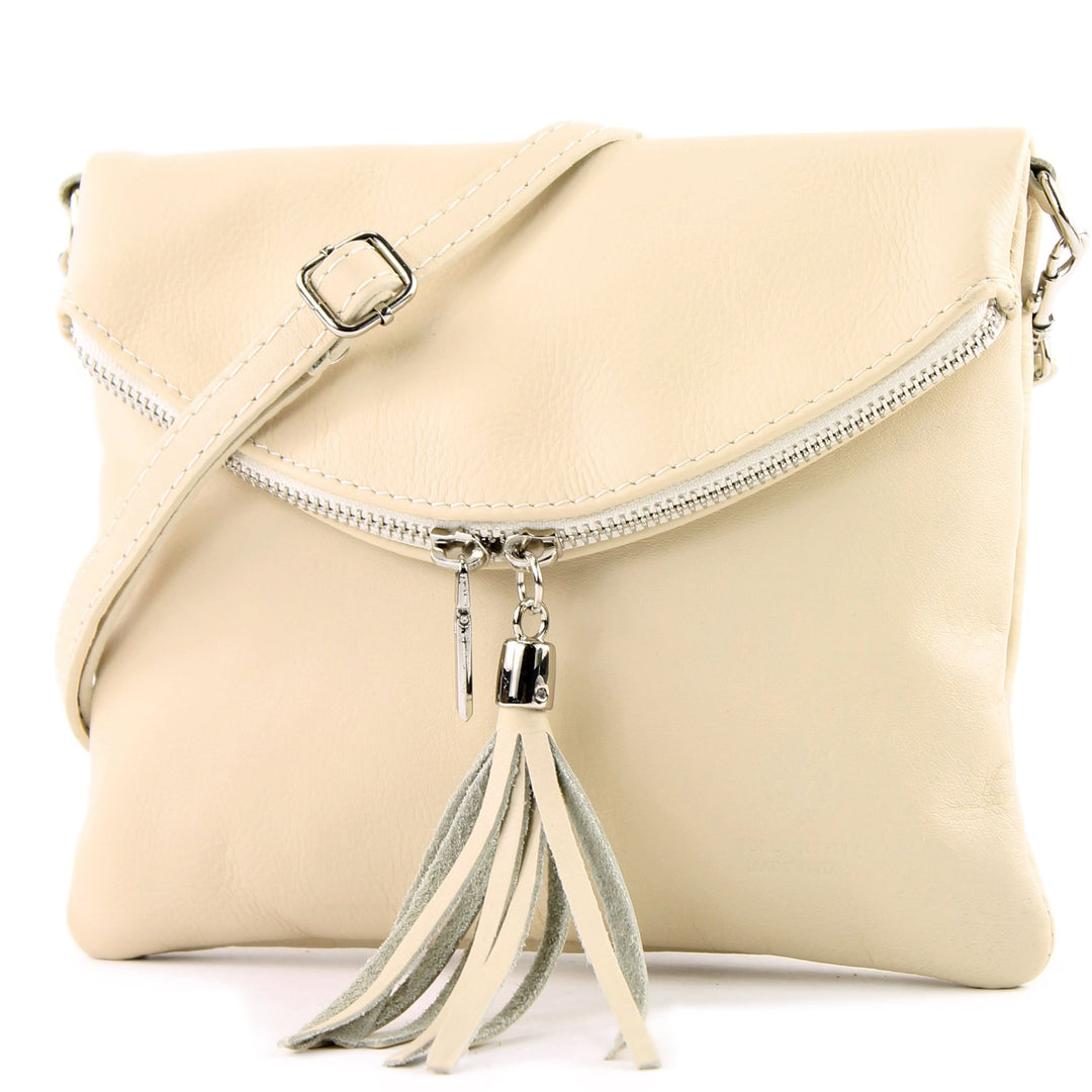 modamoda de - T139 - ital Umhängetasche Klein aus Nappaleder Cremebeige, Cremebeige