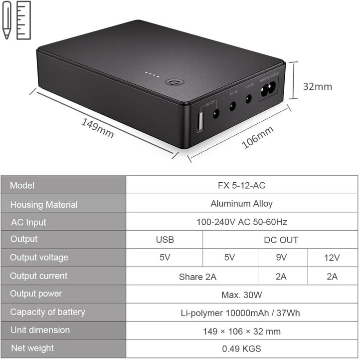 Mini UPS Unterbrechungsfreie Stromversorgung für Router, Modem, Kamera mit Eingang AC Ausgang USB 5V