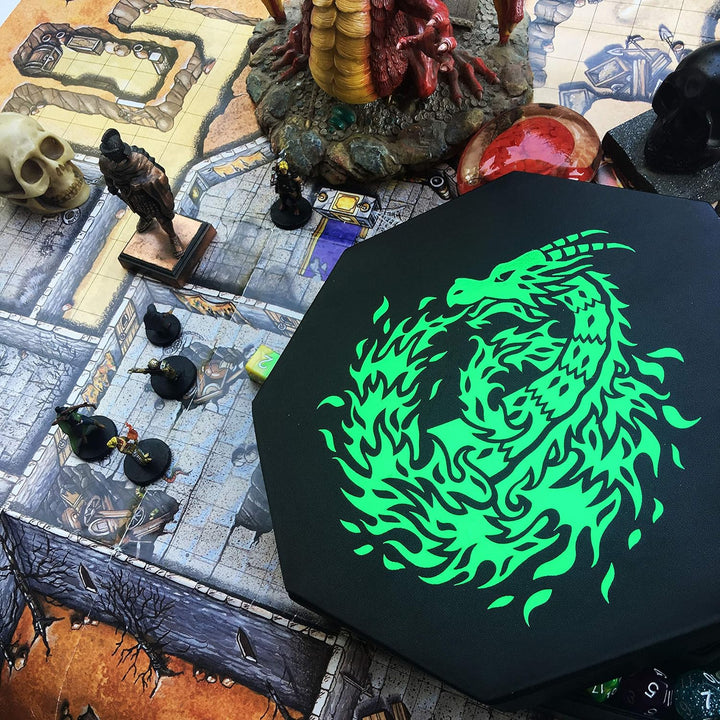 Fantasydice Green Fire Dragon Dice Tray with Wizard Book Print – 23CM Octagon with Dice Staging Area