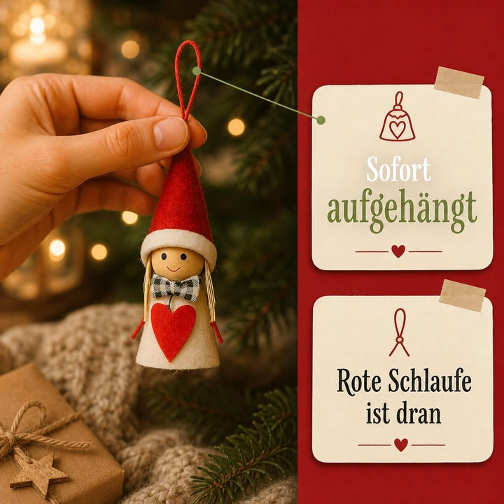 MIJOMA 12er Set Weihnachtswichtel – Handgemachter Baumschmuck aus Holz &amp; Stoff – Deko-Wichtel für Ta
