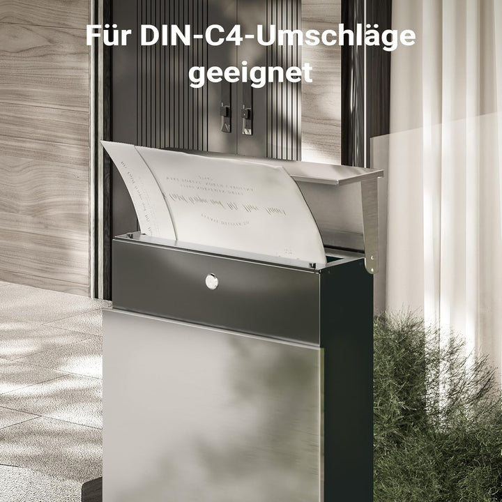 Wiltec Standbriefkasten mit Zeitungsrolle in Silberfarben 395 x 142 x 1150 mm aus Stahl, Briefkasten