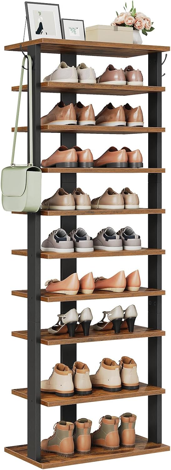 HOOBRO 10-lagiges Schuhregal, schmales Schuhablage, 50 cm Schuhschrank mit 2 Haken, Ablagegestelle,
