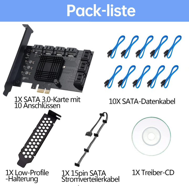 PCIE zu SATA Karte 10 Port mit 10 SATA Kabel, 6Gbps SATA 3.0 Controller PCI Express Erweiterungskart