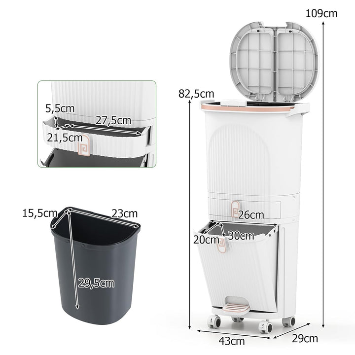 GIANTEX Mülleimer Küche 42 L, Mülltrennsystem 3 Fächer & Schublade, Abfalleimer mit Rollen, Küchenmü