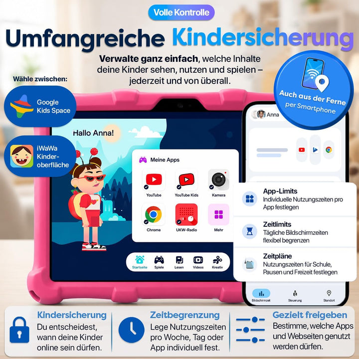 AngelTech Tablet Touchscreen für Kinder XL Pro II – 10 Zoll HD – 4 + 3 GB RAM – 64 + 128 GB ROM – Oc