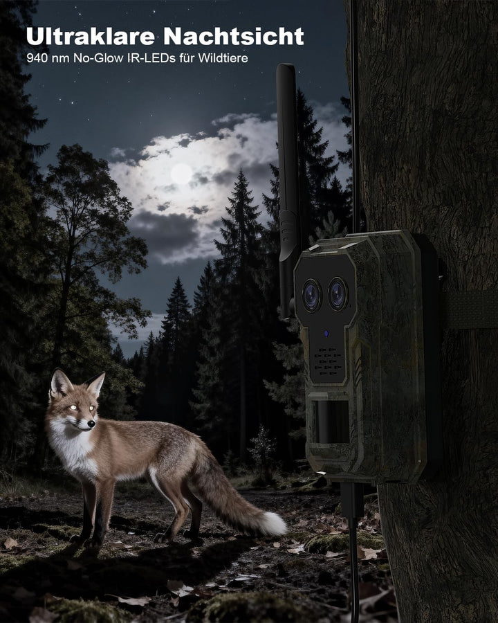 4G LTE Wildkamera mit Handyübertragung App 2.5K Solar Wildtierkamera mit eSIM Karte, Nachtsicht, Bew