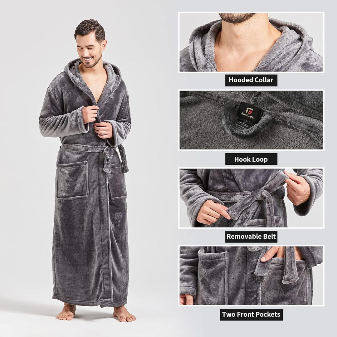 FashGudim Herren Kapuzenplüschbademantel in voller Länge. Flauschiger Bademantel für grosse und kräf