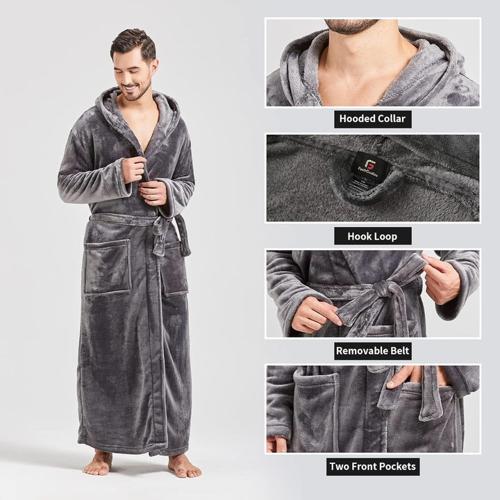 FashGudim Herren Kapuzenplüschbademantel in voller Länge. Flauschiger Bademantel für grosse und kräf