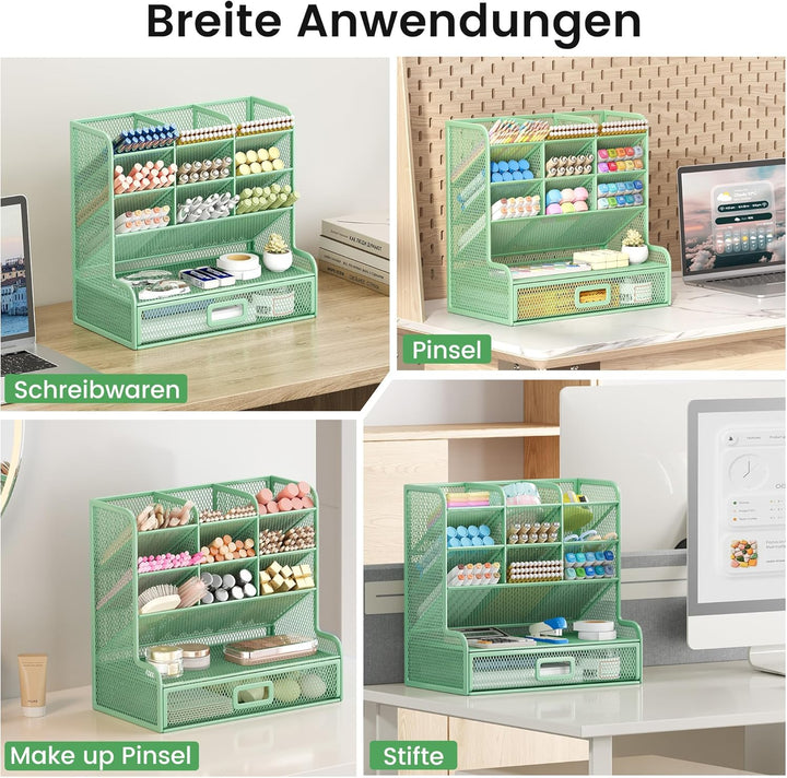 VITVITI Schreibtisch Organizer, 9 Fächer Stiftehalter mit Schublade, Netz Stifte Regal aus Metall, S