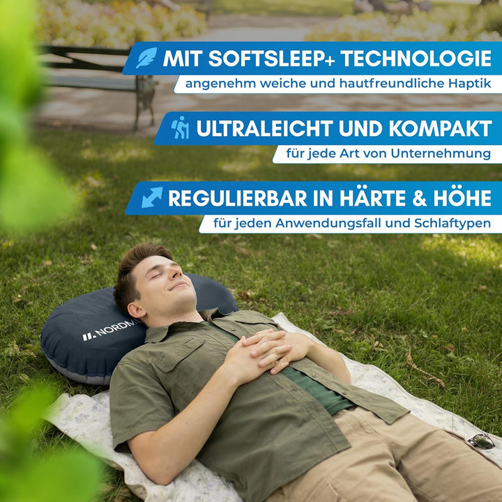 NORDMUT® Campingkissen aufblasbar [SoftSleep+] Komfortables Kissen Ultraleicht mit kleinem Packmass