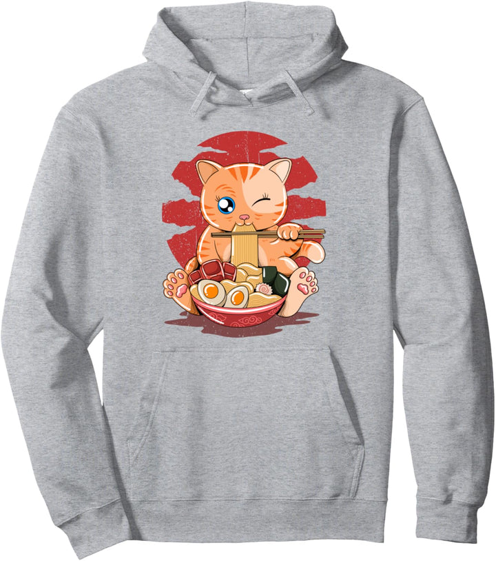 Ramen essende Katze Kawaii Anime Baka japanisches helles Pullover Hoodie
