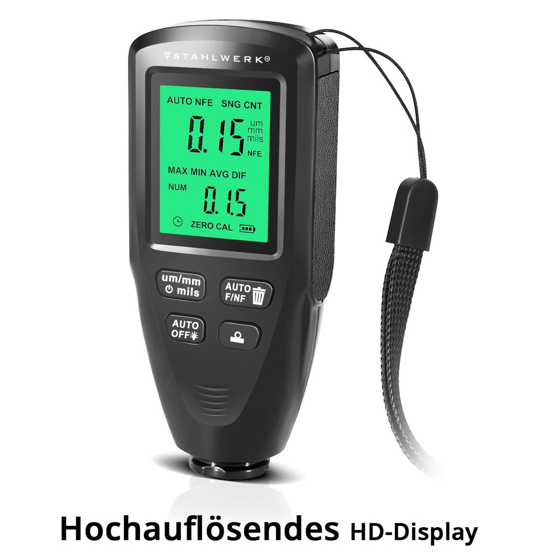 STAHLWERK Schichtdickenmessgerät – Kompakter Lackdickenprüfer 0-2000 µm für KFZ und Materialprüfung,