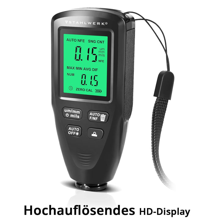 STAHLWERK Schichtdickenmessgerät – Kompakter Lackdickenprüfer 0-2000 µm für KFZ und Materialprüfung,