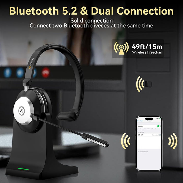 Wantek Bluetooth-Headset mit Mikrofon für PC, V5.2, Kabelloses Headset mit Rauschunterdrückungs-Mikr