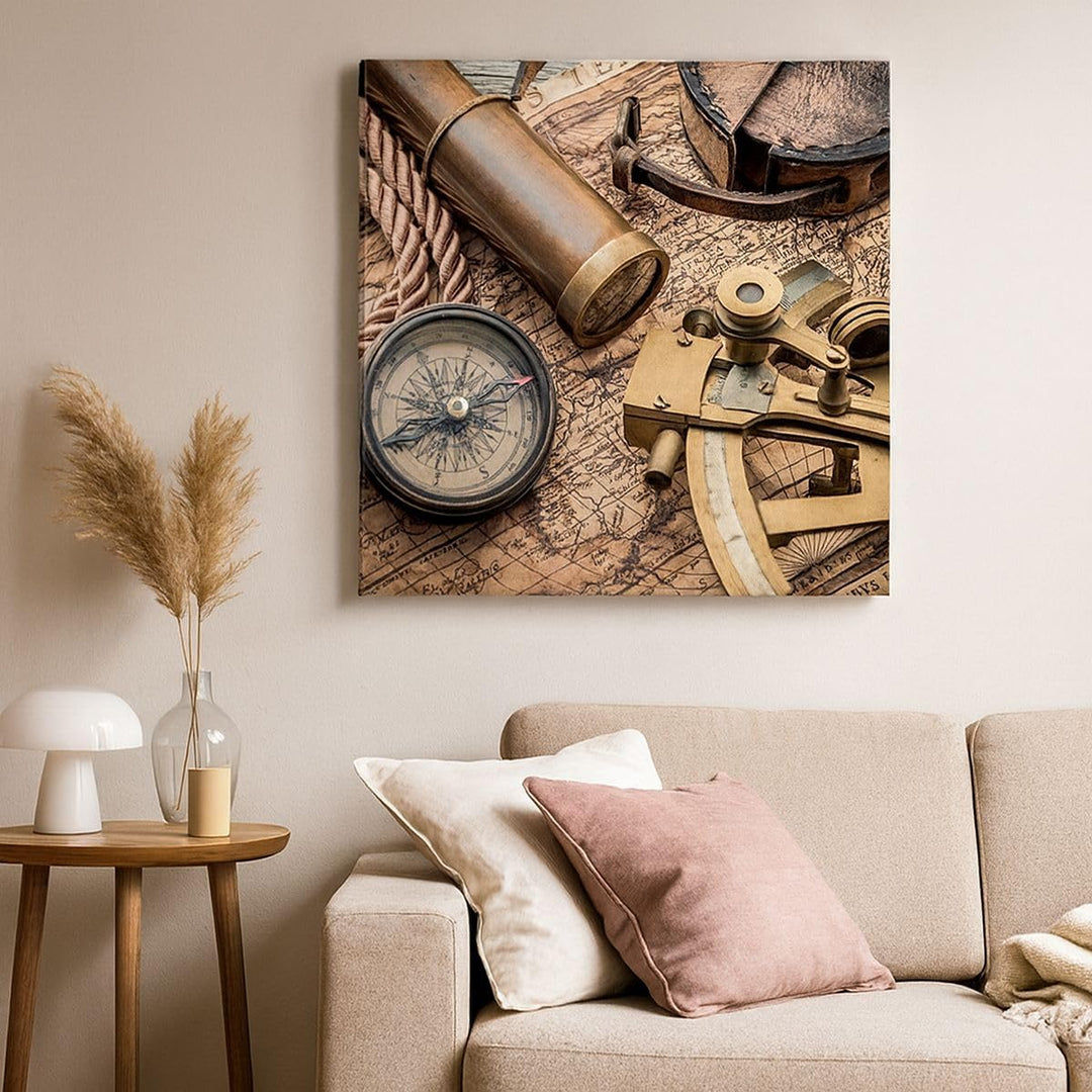 Bilder auf Leinwand 70x70cm Leinwandbild mit Rahmen Kompass Kompass Karte Gross Wanddeko Bild Schlaf