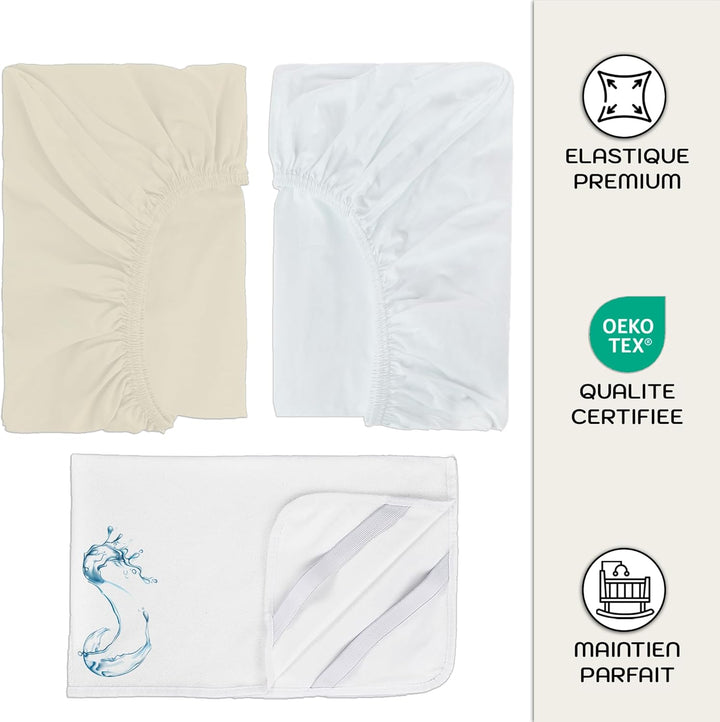 2X Spannbettlaken beistellbett 100% Baumwolle + 1X Matratzenschoner 100% wasserdichtem Material - Se