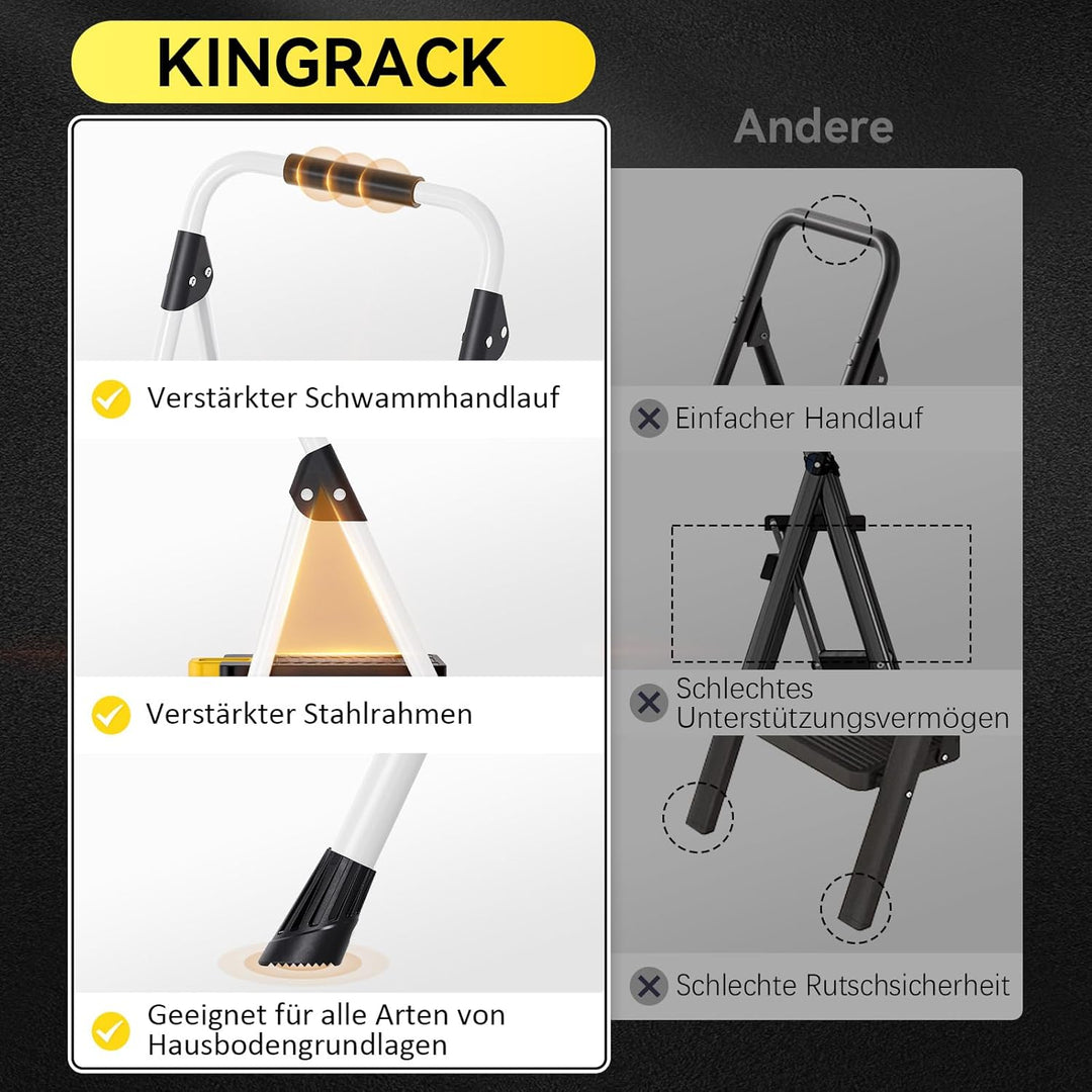KINGRACK Trittleiter 3 Stufen klappbar 360KG belastbarer mit Sicherheitsverriegelung, rutschfestem B
