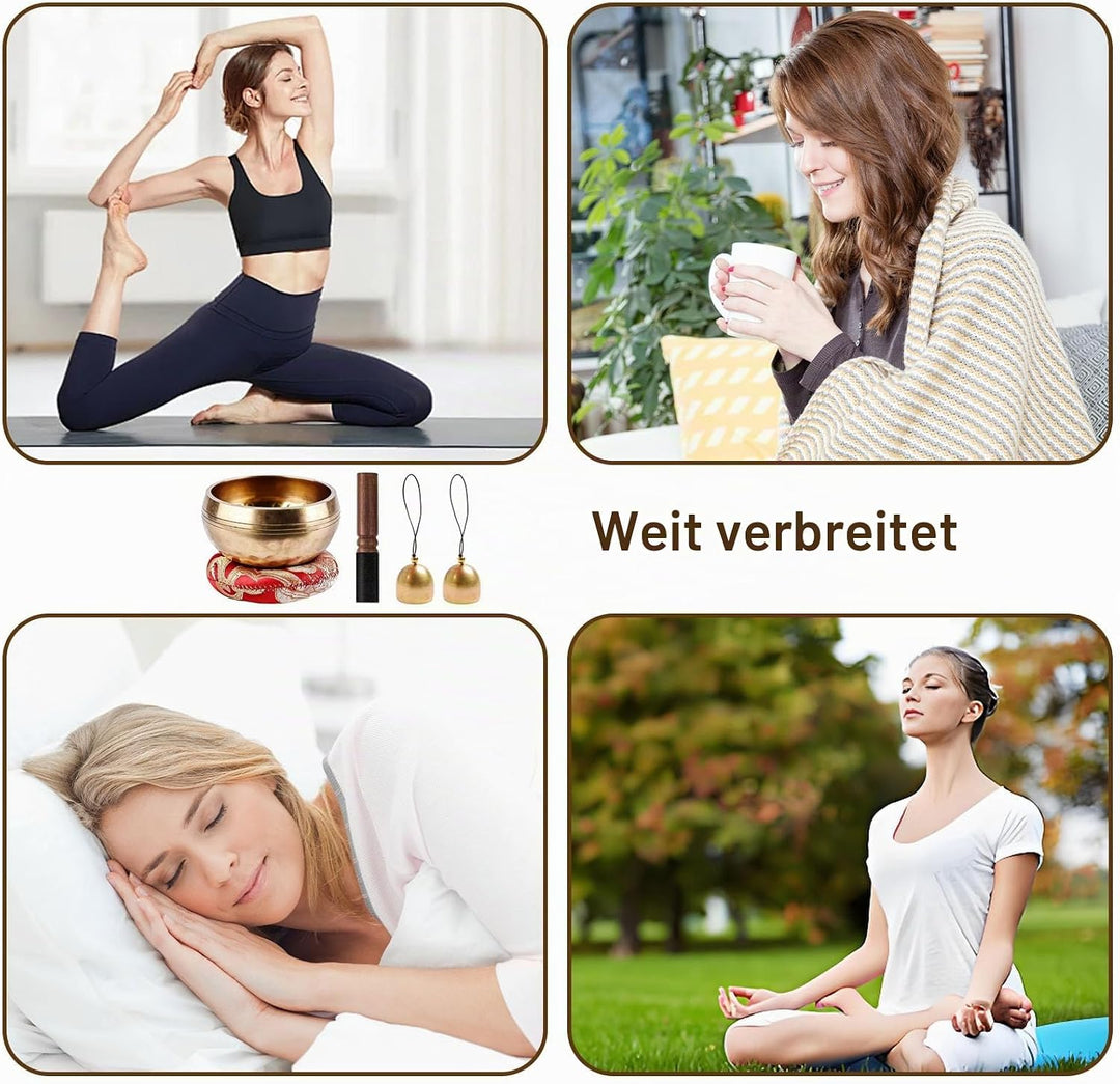 Tibetisches Klangschalen-Set, Meditationsklangschale aus Messing, 8,6 cm Durchmesser,wird mit hölzer