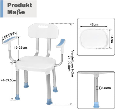 UISEBRT Duschstuhl mit Armlehne und Rückenlehne, Duschhocker Höhenverstellbar Badhocker, mit Anti-Ru
