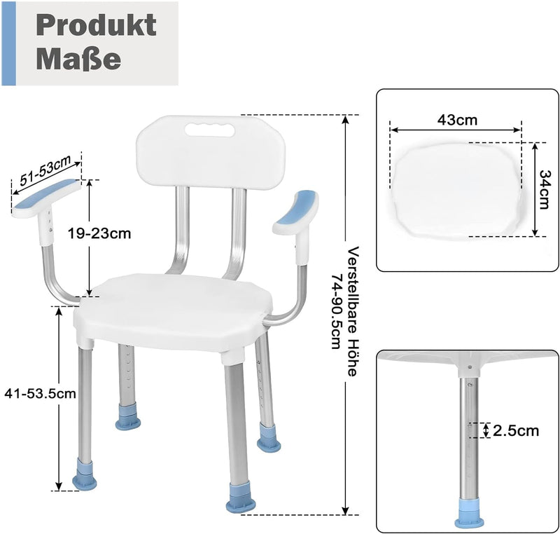 UISEBRT Duschstuhl mit Armlehne und Rückenlehne, Duschhocker Höhenverstellbar Badhocker, mit Anti-Ru