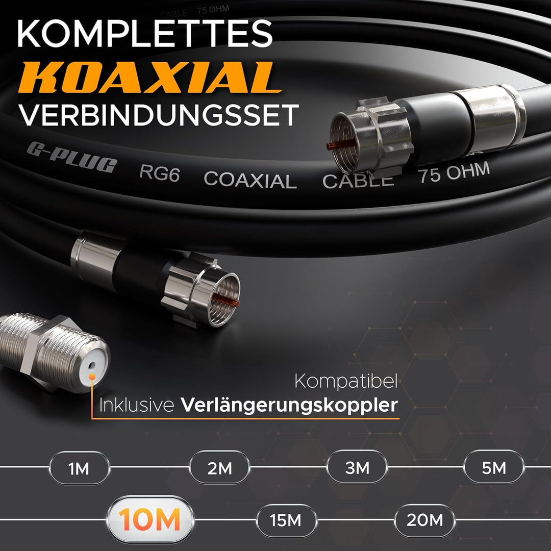 G-PLUG Antennenkabel 10m - TV Kabel – Verlängerung für Sat Kabel F Stecker Koaxialkabel geeignet für