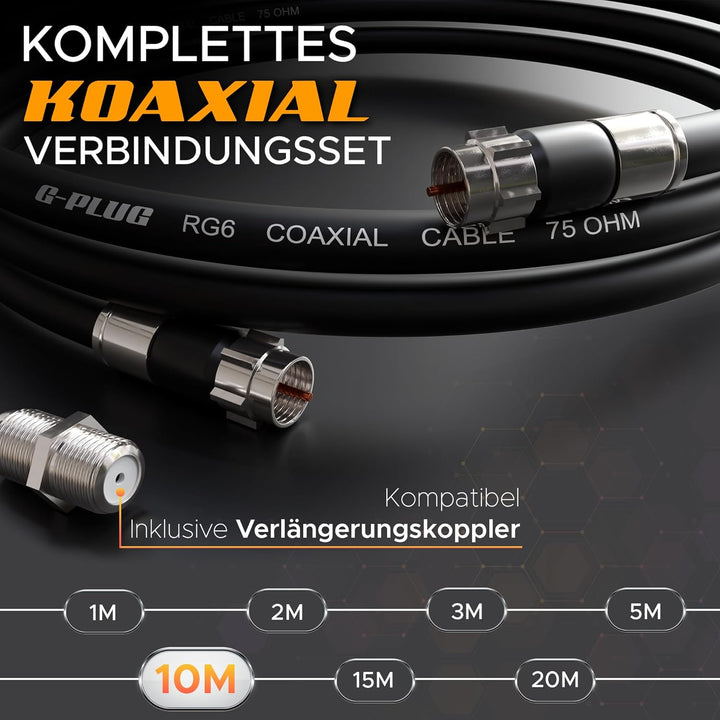 G-PLUG Antennenkabel 10m - TV Kabel – Verlängerung für Sat Kabel F Stecker Koaxialkabel geeignet für