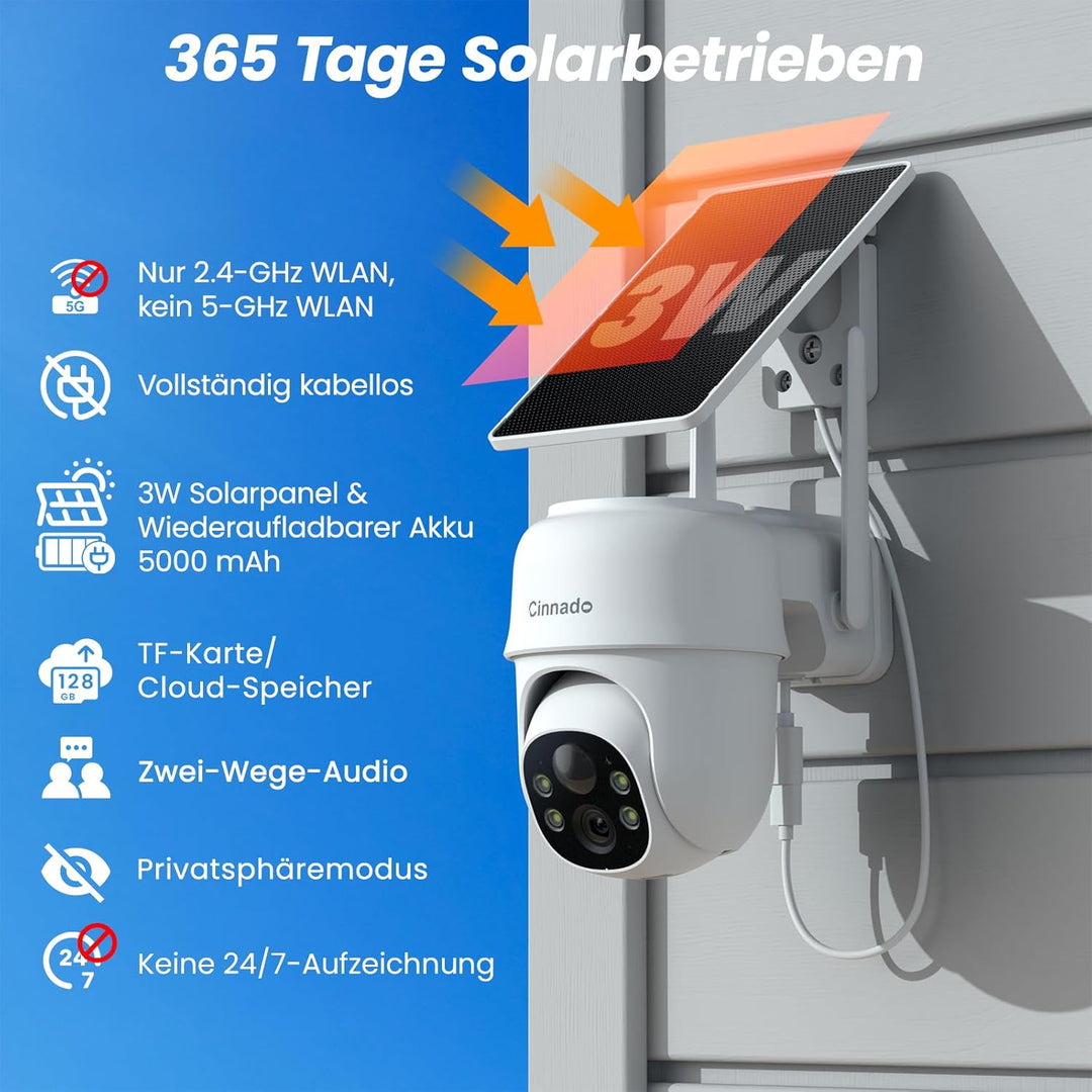 Cinnado Überwachungskamera Aussen Akku Solar - 2K Kabellos Kamera Überwachung Aussen, 360° PTZ 2,4 G