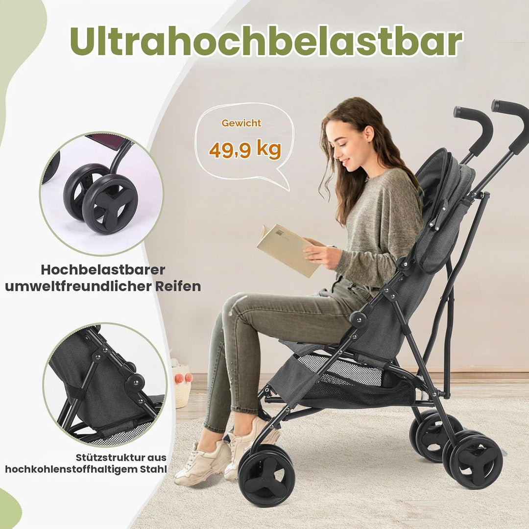 Einhändig klappbarer, leichter Kinderwagen, grosser Aufbewahrungskorb, Verdeck, Getränkehalter, komp