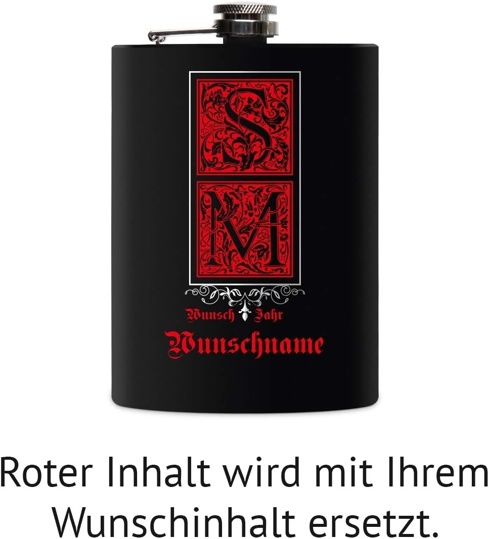Flachmann Edelstahl Schwarz Matt 237 ml 8 oz individuelle Gravur in Silber - Verzierte Initialen, Ve