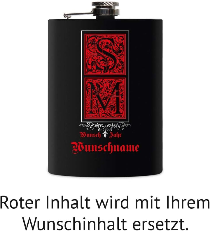 Flachmann Edelstahl Schwarz Matt 237 ml 8 oz individuelle Gravur in Silber - Verzierte Initialen, Ve