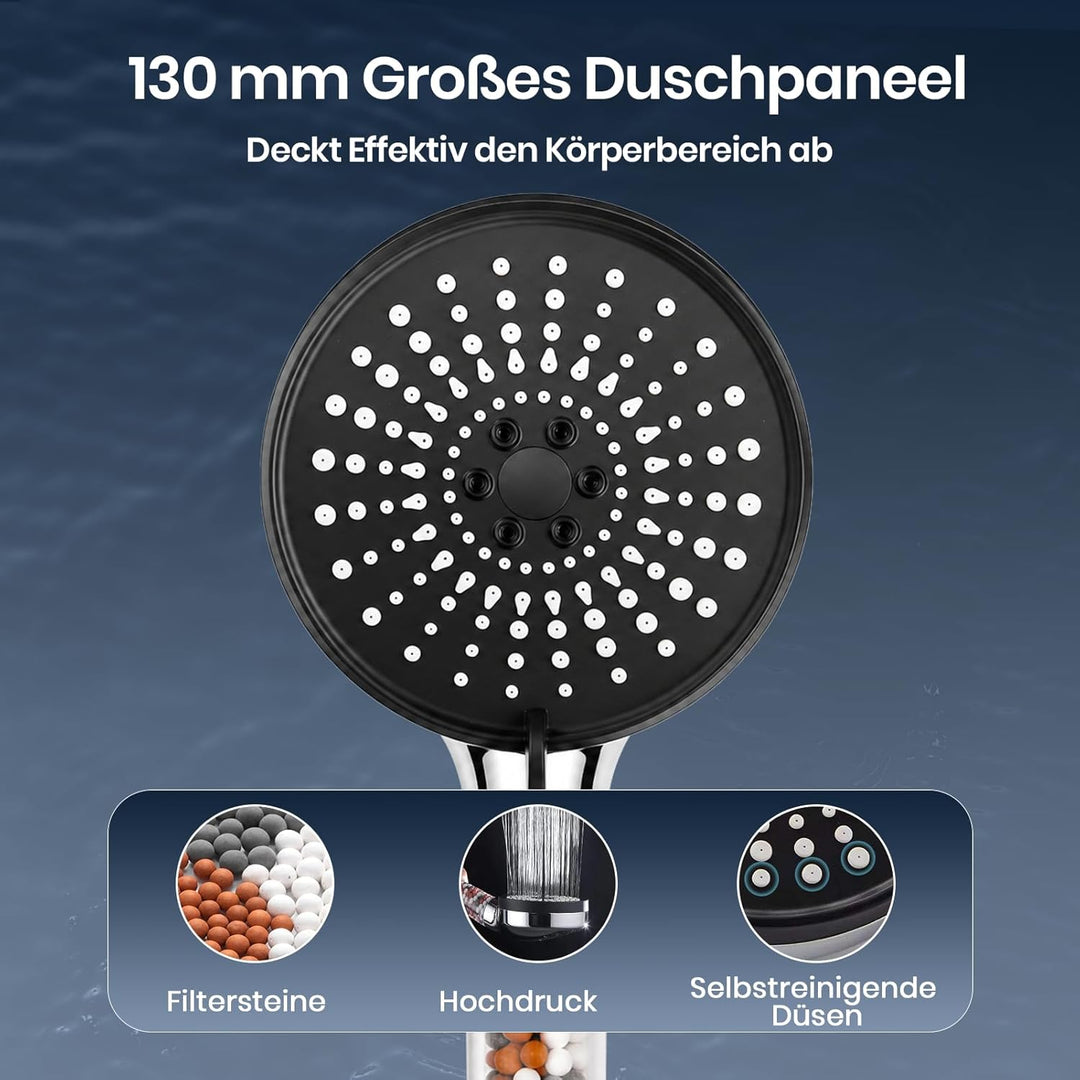 Duschkopf mit Schlauch Hartwasserfilter 1,5m Hochdruck Grosse Scheibe | Mit 5 Sprühmodi für niedrige